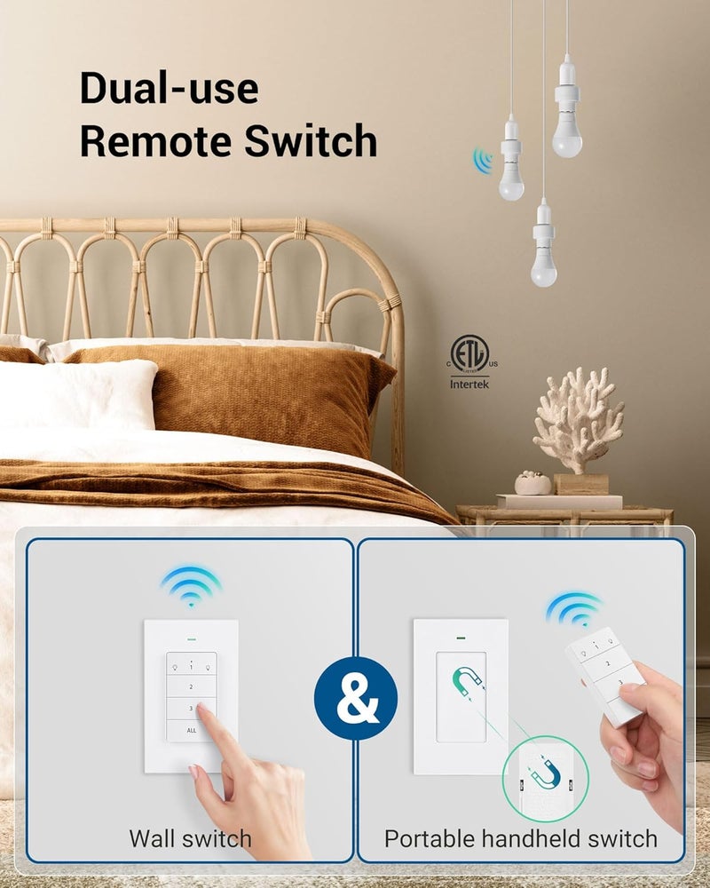 DEWENWILS Remote Control Light Socket, Wireless Light Switch for Pull Chain Light Lamp Fixtures, 100FT Range, No Wiring Needed, ETL Listed(1 Wall Mounted Controller+3 Socket, Shorter Version) - Image 2
